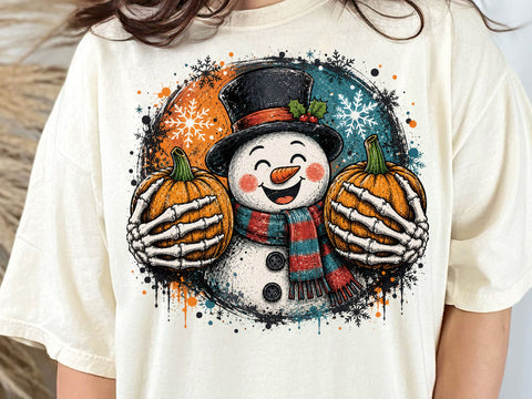 Halloween Snowman Shirt PNG, Spooky Snowman Skeleton Hands Pumpkin PNG, Fall Winter Christmas Sublimation Design, Spooky Season T-Shirt PNG SVG DesignDestine 