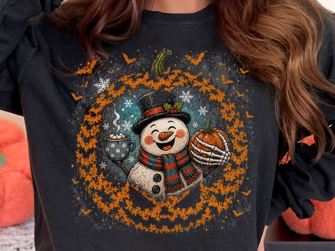 Halloween Snowman Shirt PNG, Spooky Snowman Skeleton Hands Pumpkin PNG, Fall Winter Christmas Sublimation Design, Spooky Season T-Shirt PNG SVG DesignDestine 