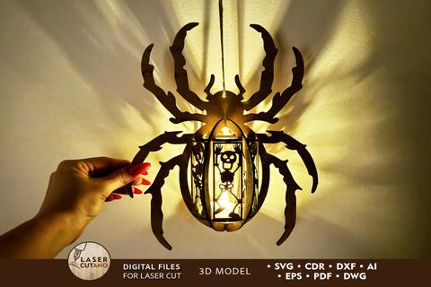 Halloween Spider Lantern with Sceletons Wood Cut Template SVG LaserCutano 