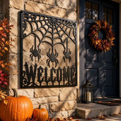 Halloween Spiderweb Welcome Sign Laser SVG | Spider Web Door Sign DXF | Gothic Halloween Metal Art | CNC Plasma Cut | Spooky Porch Decor SVG HappyDesignStudio 