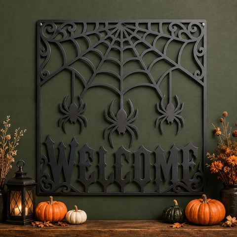 Halloween Spiderweb Welcome Sign Laser SVG | Spider Web Door Sign DXF | Gothic Halloween Metal Art | CNC Plasma Cut | Spooky Porch Decor SVG HappyDesignStudio 
