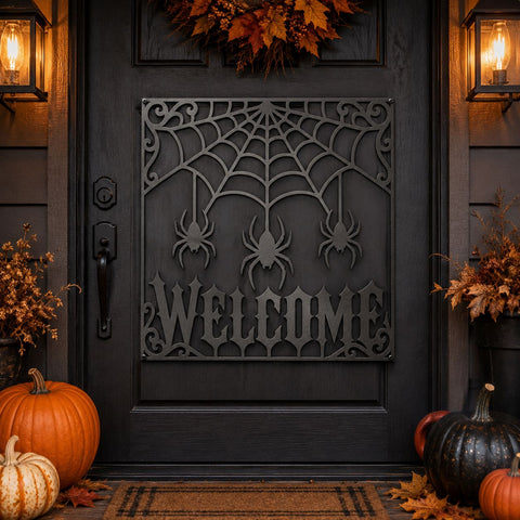 Halloween Spiderweb Welcome Sign Laser SVG | Spider Web Door Sign DXF | Gothic Halloween Metal Art | CNC Plasma Cut | Spooky Porch Decor SVG HappyDesignStudio 