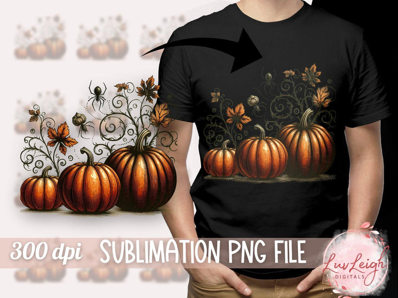 Halloween Spooky Autumn Pumpkins with Spider and Leaves PNG Sublimation Luvleigh Digitals 