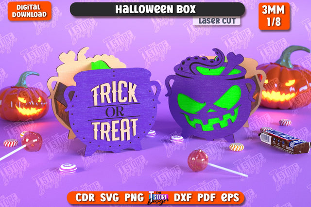 Halloween Spooky Box Laser Cut, Candy Treat Basket SVG SVG, Trick or Treat SVG, Spooky Gift Box, Happy Halloween Decor SVG, Wooden Treat Storage Box SVG The T Store Design 