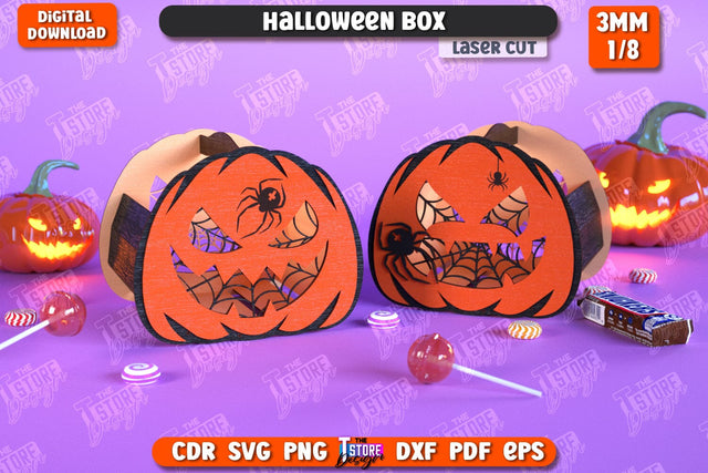Halloween Spooky Box Laser Cut, Candy Treat Basket SVG SVG, Trick or Treat SVG, Spooky Gift Box, Happy Halloween Decor SVG, Wooden Treat Storage Box SVG The T Store Design 