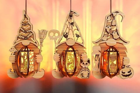 Halloween Spooky Gnome Lanterns, Wood Cut Templates SVG LaserCutano 