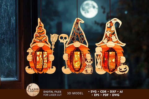 Halloween Spooky Gnome Lanterns, Wood Cut Templates SVG LaserCutano 