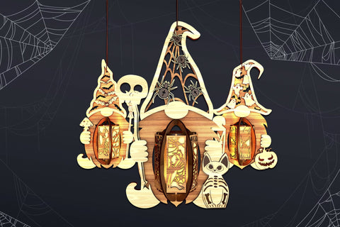 Halloween Spooky Gnome Lanterns, Wood Cut Templates SVG LaserCutano 