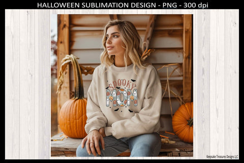 Halloween Spooky Mom, Lace Outline Letters With Ghost and Pumpkins, Sublimation Png Printable Sublimation Keepsake Treasures Designs LLC. 