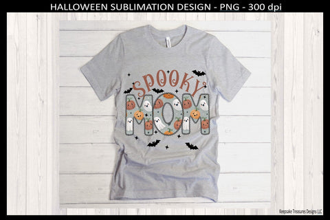Halloween Spooky Mom, Lace Outline Letters With Ghost and Pumpkins, Sublimation Png Printable Sublimation Keepsake Treasures Designs LLC. 