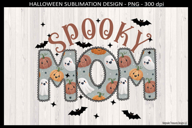 Halloween Spooky Mom, Lace Outline Letters With Ghost and Pumpkins, Sublimation Png Printable Sublimation Keepsake Treasures Designs LLC. 
