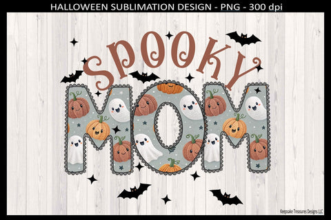 Halloween Spooky Mom, Lace Outline Letters With Ghost and Pumpkins, Sublimation Png Printable Sublimation Keepsake Treasures Designs LLC. 