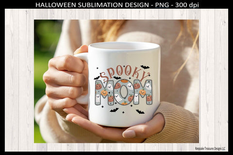 Halloween Spooky Mom, Lace Outline Letters With Ghost and Pumpkins, Sublimation Png Printable Sublimation Keepsake Treasures Designs LLC. 