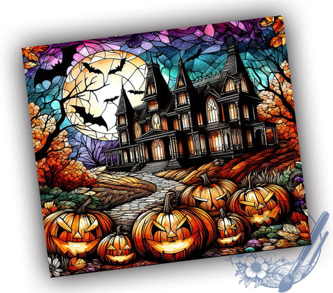 Halloween Stained Glass 20oz Skinny Tumbler, Haunted House Tumbler Png, Straight & Tapered Tumbler Wrap, Instant Digital Download Sublimation ToriDesigns 