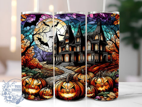 Halloween Stained Glass 20oz Skinny Tumbler, Haunted House Tumbler Png, Straight & Tapered Tumbler Wrap, Instant Digital Download Sublimation ToriDesigns 