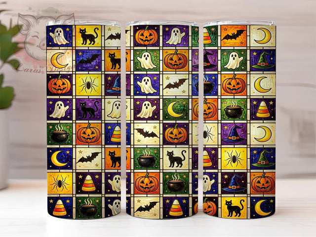 Halloween Stained Glass 20oz Tumbler, Halloween Theme, Stained Glass, Pumpkin Motif, Spooky Pattern, Festive Charm, Skinny Tumbler, Sublimation PNG Sublimation Lara' s Designs 