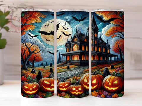 Halloween Stained Glass 20oz Tumbler Png, Straight & Tapered Tumbler Png, Haunted House Tumbler Png, Digital Download PNG Sublimation Lara' s Designs 