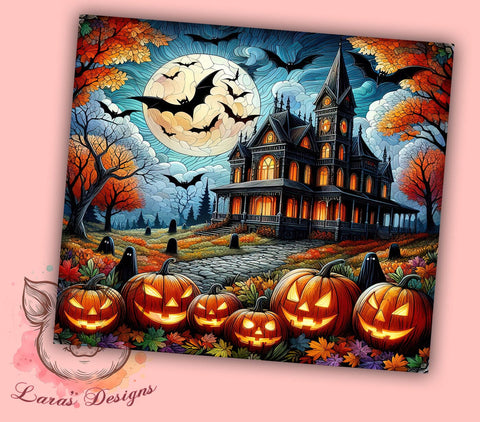 Halloween Stained Glass 20oz Tumbler Png, Straight & Tapered Tumbler Png, Haunted House Tumbler Png, Digital Download PNG Sublimation Lara' s Designs 