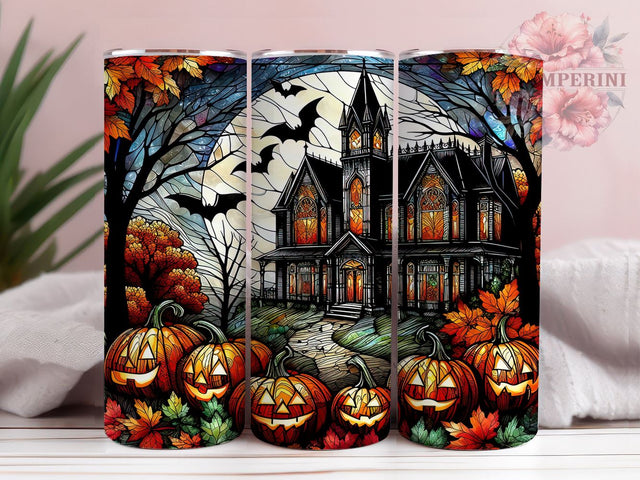 Halloween Stained Glass 20oz Tumbler Wrap PNG, Haunted House Tumbler Png, Straight & Tapered Tumbler Wrap, Instant Digital Download Sublimation Li Zamperini 
