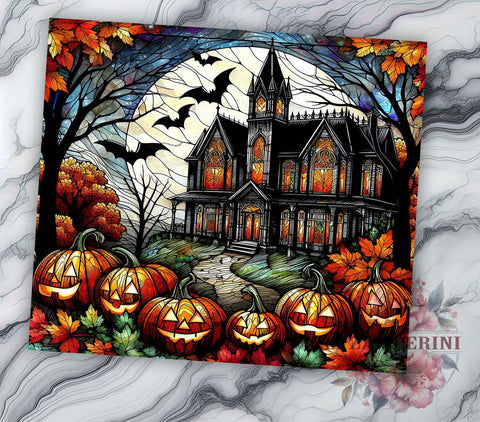 Halloween Stained Glass 20oz Tumbler Wrap PNG, Haunted House Tumbler Png, Straight & Tapered Tumbler Wrap, Instant Digital Download Sublimation Li Zamperini 