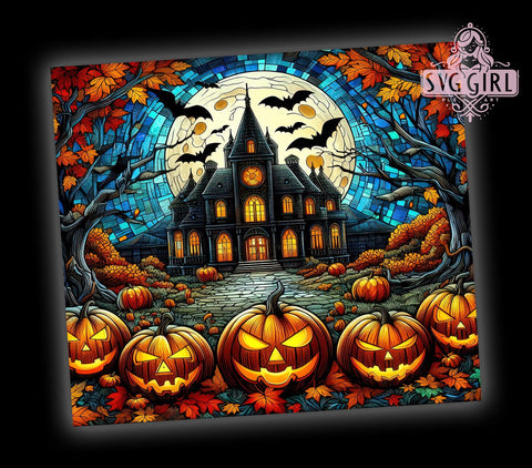 Halloween Stained Glass 20oz Tumbler Wrap Sublimation Design, Straight Tapered Tumbler Wrap, Haunted House Tumbler Png, Instant Digital Download Sublimation SvggirlplusArt 