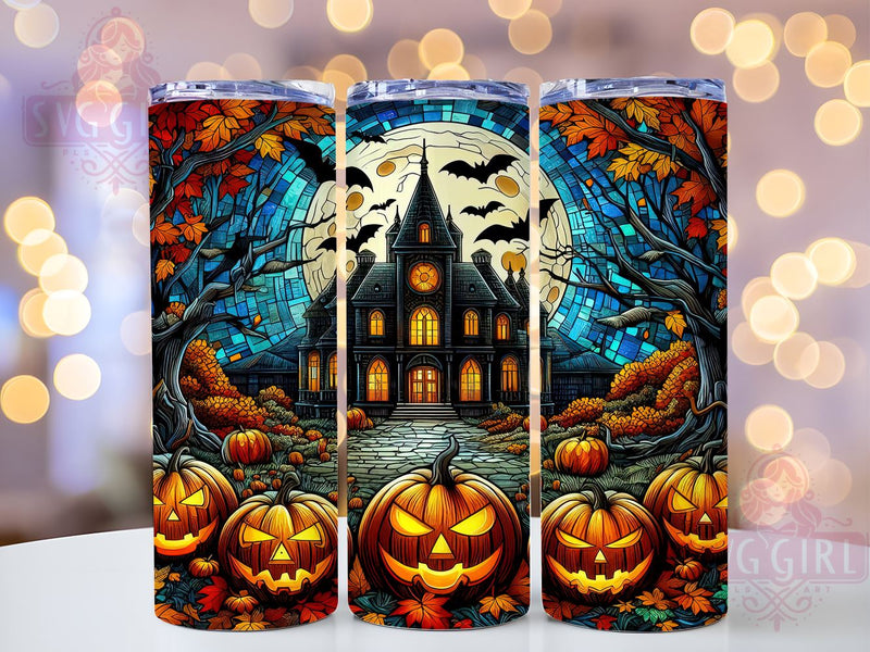 Halloween Stained Glass 20oz Tumbler Wrap Sublimation Design, Straight Tapered Tumbler Wrap, Haunted House Tumbler Png, Instant Digital Download Sublimation SvggirlplusArt 