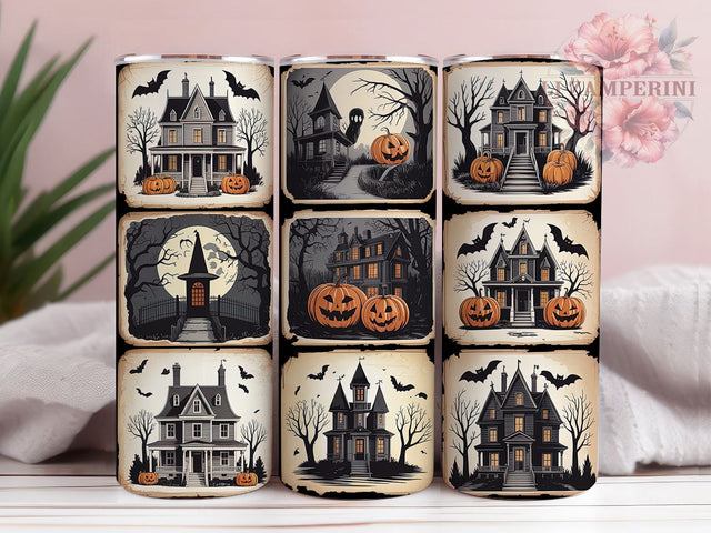 Halloween Stamps Pumpkin Bat Tumbler, Pumpkin Bat Wrap, Haunted House Cup, Jack‑o’-Lantern Drinkware, 20Oz Sublimation Design, Spooky Fall Mug, Vintage Halloween Tumbler Sublimation Li Zamperini 