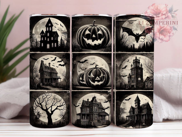 Halloween Stamps Pumpkin Bat Tumbler, Pumpkin Bat Wrap, Haunted House Cup, Jack‑o’-Lantern Drinkware, 20Oz Sublimation Design, Spooky Fall Mug, Vintage Halloween Tumbler Sublimation Li Zamperini 