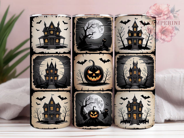 Halloween Stamps Pumpkin Bat Tumbler, Pumpkin Bat Wrap, Haunted House Cup, Jack‑o’-Lantern Drinkware, 20Oz Sublimation Design, Spooky Fall Mug, Vintage Halloween Tumbler Sublimation Li Zamperini 