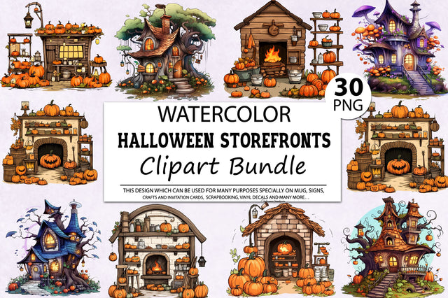 Halloween Storefronts Watercolor Clipart Bundle Sublimation Regulrcrative 