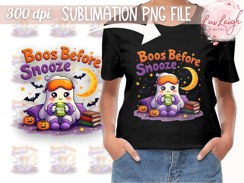Halloween Sublimation PNG, Cute Boos Before Snooze Design PNG Sublimation Luvleigh Digitals 