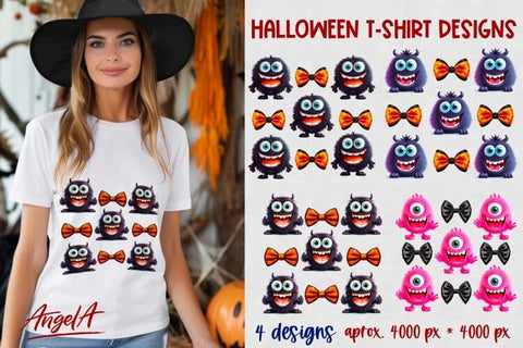 halloween T-shirt print design Coquette Bows, cute monsters Sublimation Angelina Semenova 
