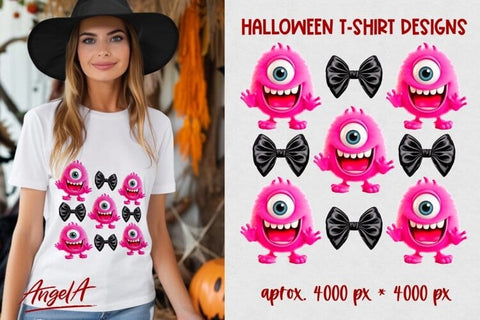 halloween T-shirt print design Coquette Bows, cute monsters Sublimation Angelina Semenova 