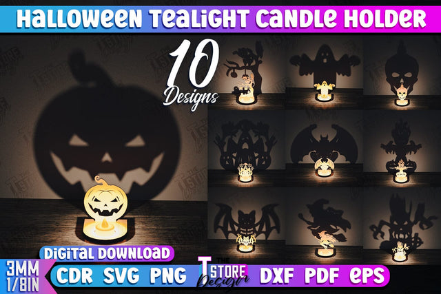 Halloween Tealight Candle Holder Bundle | Shadow Vintage Candle | Halloween Decorations | CNC Files SVG The T Store Design 