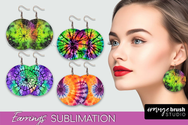 Halloween Tie Dye Earrings - Fall Round Earring Sublimation Sublimation OrangeBrushStudio 