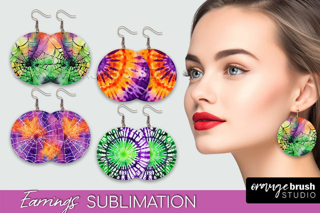 Halloween Tie Dye Earrings - Fall Round Earring Sublimation Sublimation OrangeBrushStudio 