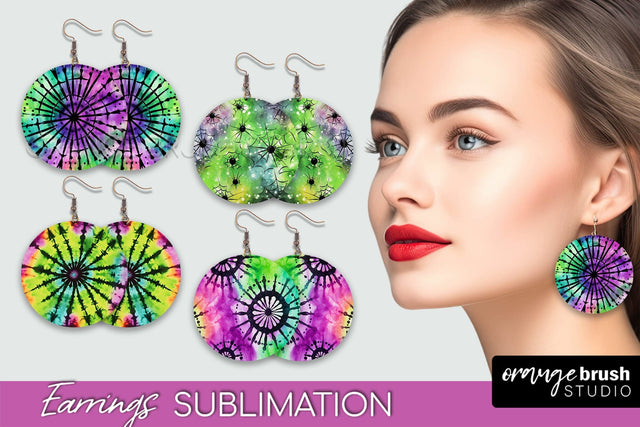 Halloween Tie Dye Earrings - Fall Round Earring Sublimation Sublimation OrangeBrushStudio 