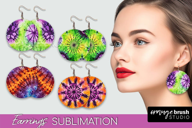 Halloween Tie Dye Earrings - Fall Round Earring Sublimation Sublimation OrangeBrushStudio 