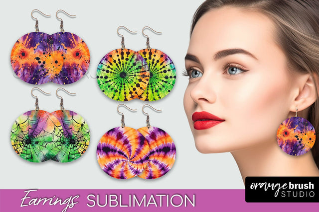 Halloween Tie Dye Earrings - Fall Round Earring Sublimation Sublimation OrangeBrushStudio 