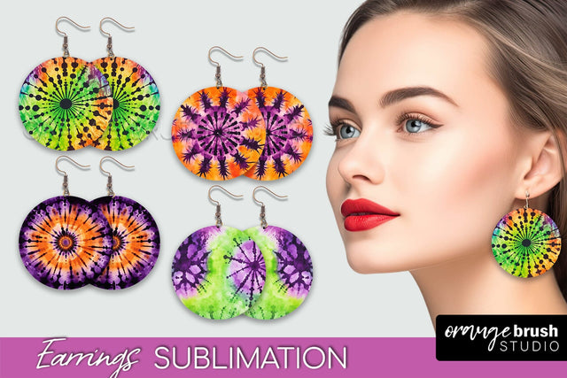 Halloween Tie Dye Earrings - Fall Round Earring Sublimation Sublimation OrangeBrushStudio 