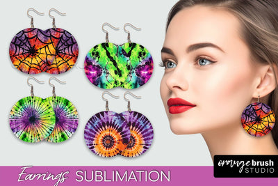 Halloween Tie Dye Earrings - Fall Round Earring Sublimation Sublimation OrangeBrushStudio 