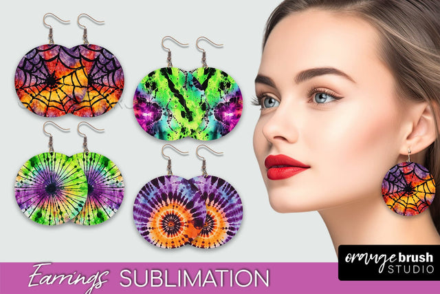 Halloween Tie Dye Earrings - Fall Round Earring Sublimation Sublimation OrangeBrushStudio 
