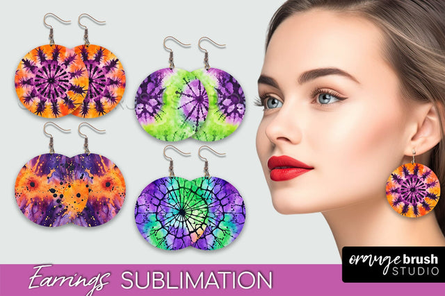 Halloween Tie Dye Earrings - Fall Round Earring Sublimation Sublimation OrangeBrushStudio 