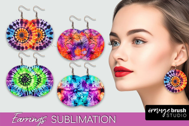 Halloween Tie Dye Earrings - Fall Round Earring Sublimation Sublimation OrangeBrushStudio 