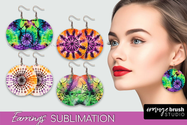 Halloween Tie Dye Earrings - Fall Round Earring Sublimation Sublimation OrangeBrushStudio 