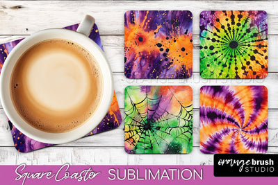 Halloween Tie Dye Square Coaster Sublimation PNG Design Sublimation OrangeBrushStudio 