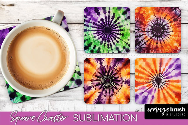Halloween Tie Dye Square Coaster Sublimation PNG Design Sublimation OrangeBrushStudio 