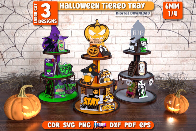 Halloween Tiered Tray Laser Cut Bundle | Round Stand with Elements | Dessert Tiered Tray | CNC Files SVG The T Store Design 