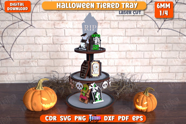 Halloween Tiered Tray Laser Cut | Round Stand with Elements | Cemetery and Tombstones | Dessert Tiered Tray | CNC File SVG The T Store Design 