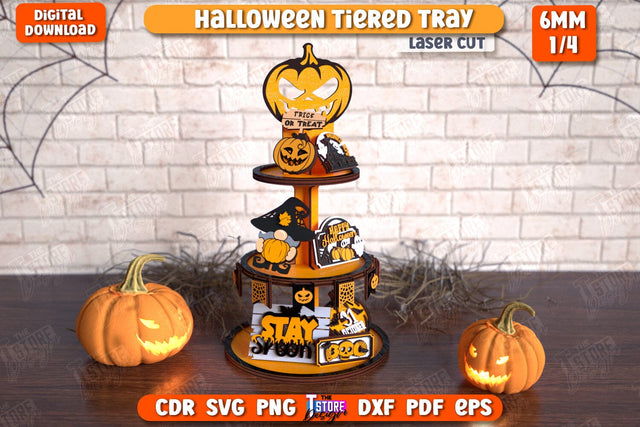 Halloween Tiered Tray Laser Cut | Round Stand with Elements | Pumpkins | Dessert Tiered Tray | CNC File SVG The T Store Design 
